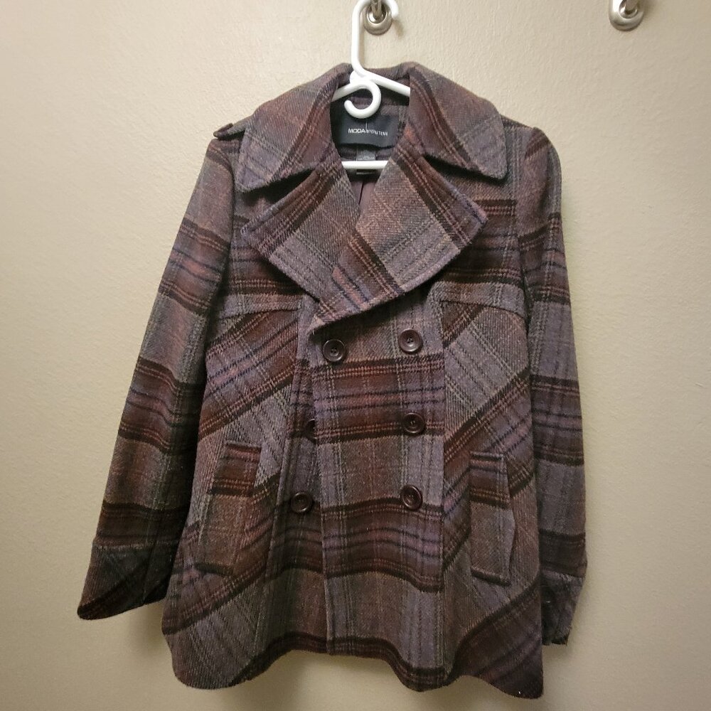 Moda International Coat Purple Black Plaid Wool Blend